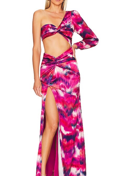 Beautiful Lovers + Friends One-Shoulder Pink Tie-Dye Cutout Gown